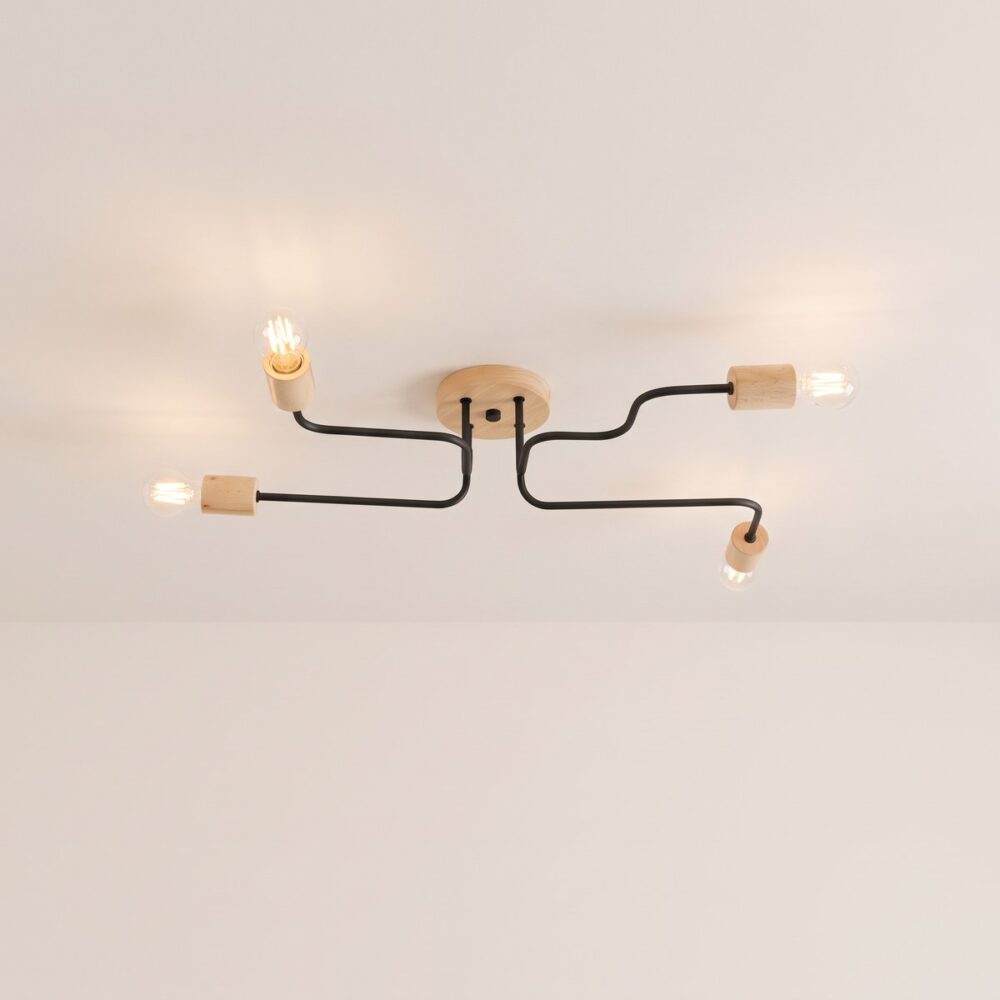Spider ceiling light in black metal and wood