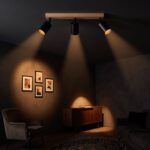Wood bar and black metal ceiling light with adjustable spots