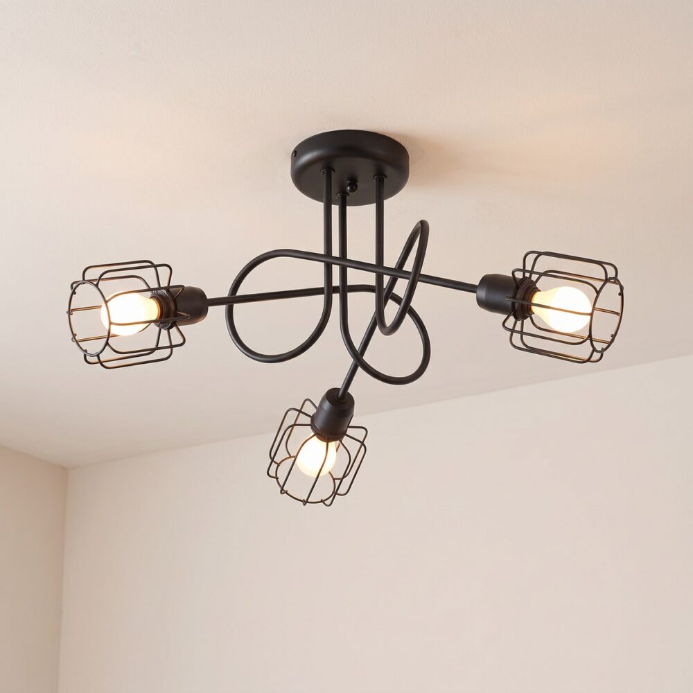 Industrial black steel ceiling chandelier with cage lamps