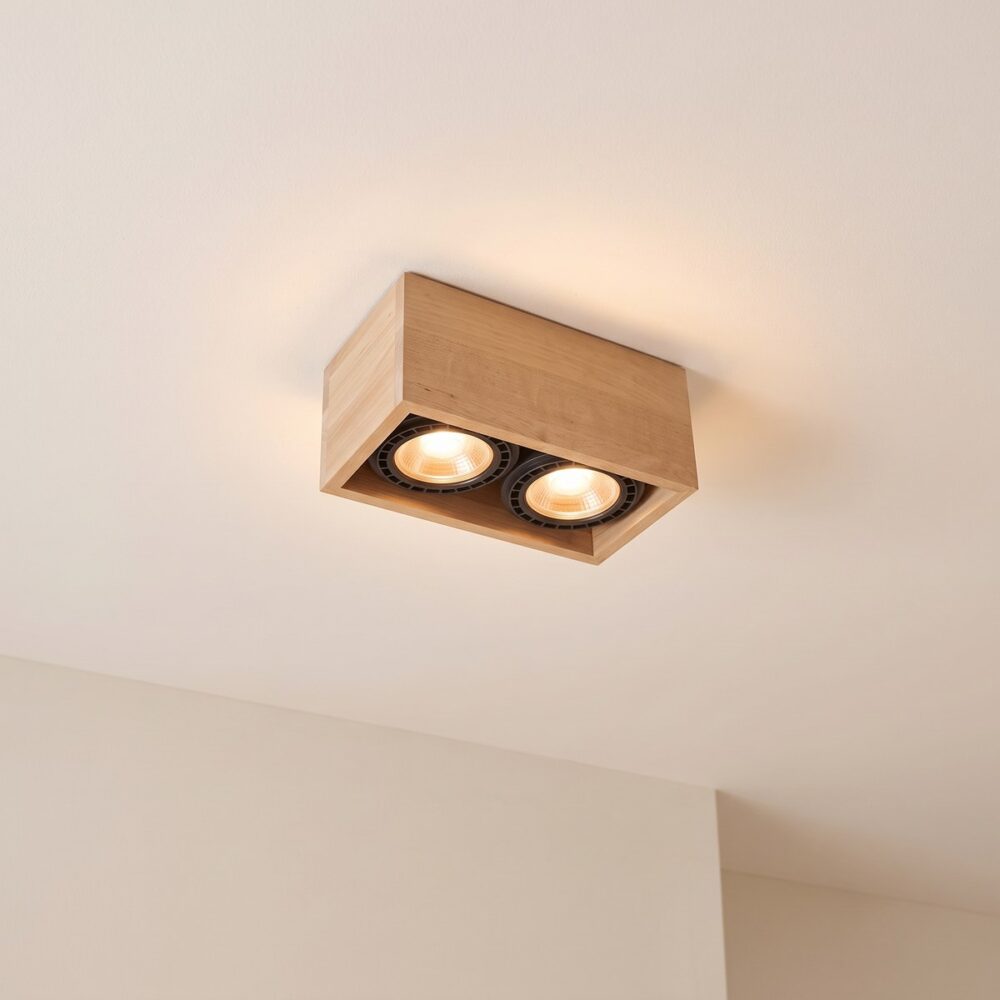 Rectangular natural wood twin spot ceiling light