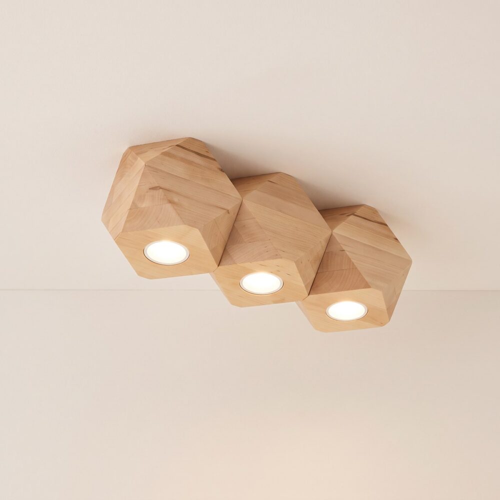 Geometric natural wood ceiling light with 3 spotlights