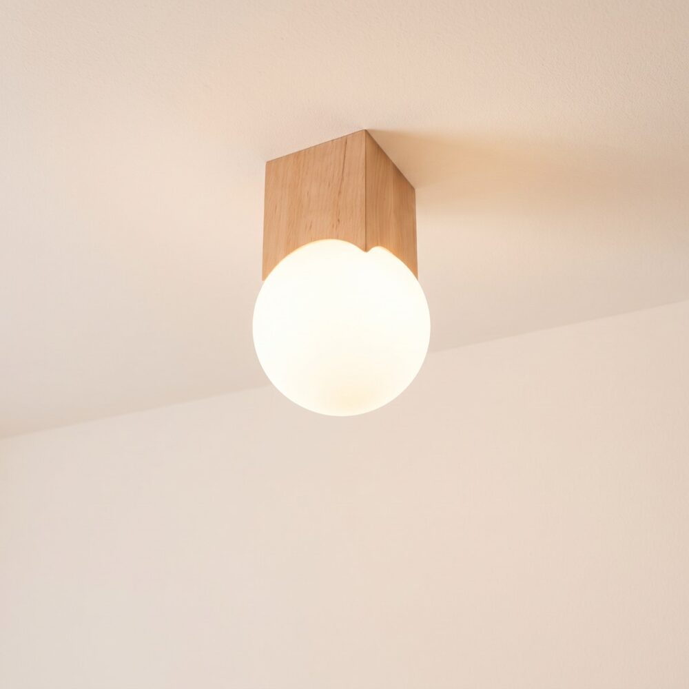 Japandi ceiling light in light wood and opal glass