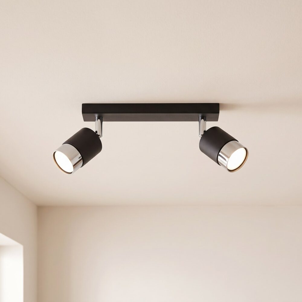 Black steel bar ceiling light with chrome spotlights