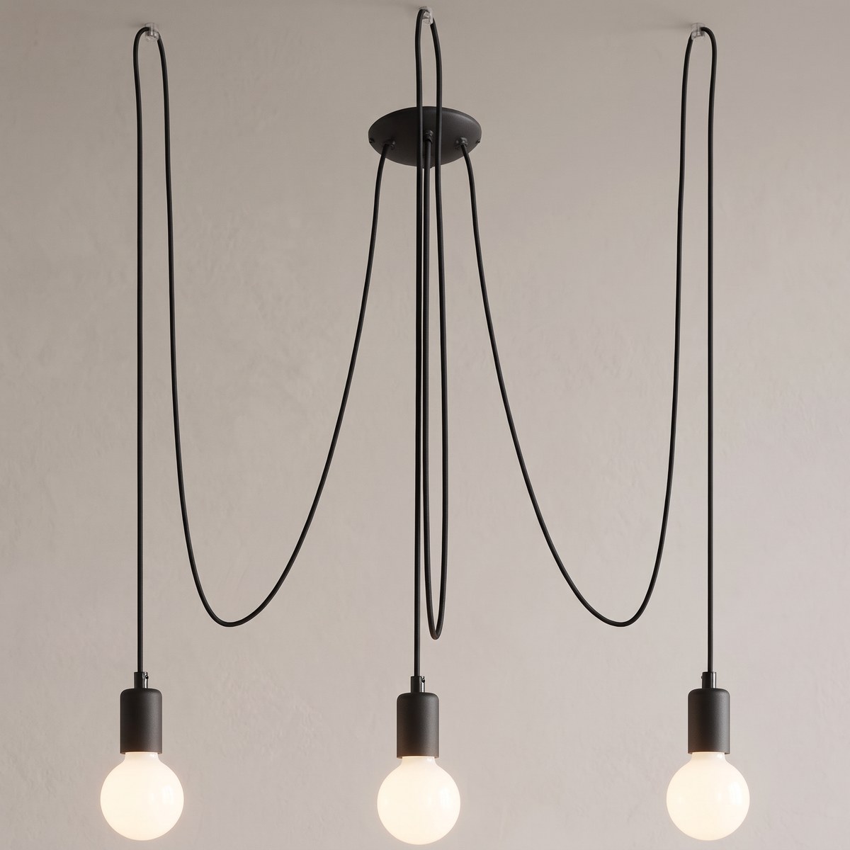 Pendant light, 3-bulb spider with black textile cables 3-bulb spider pendant light with black textile cables