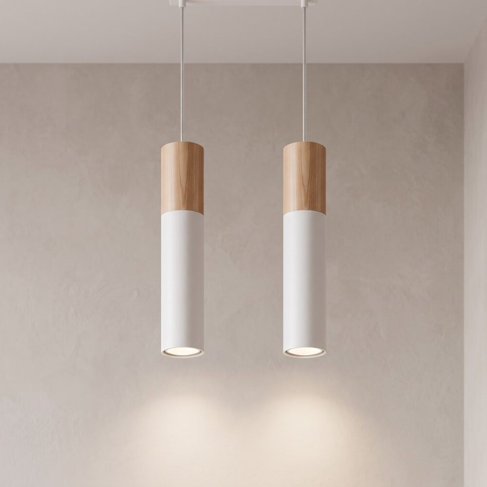 Two-tube wood and metal pendant light