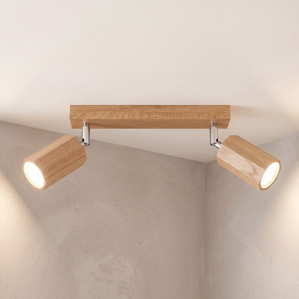 2-spot octagonal oak ceiling light on a bar