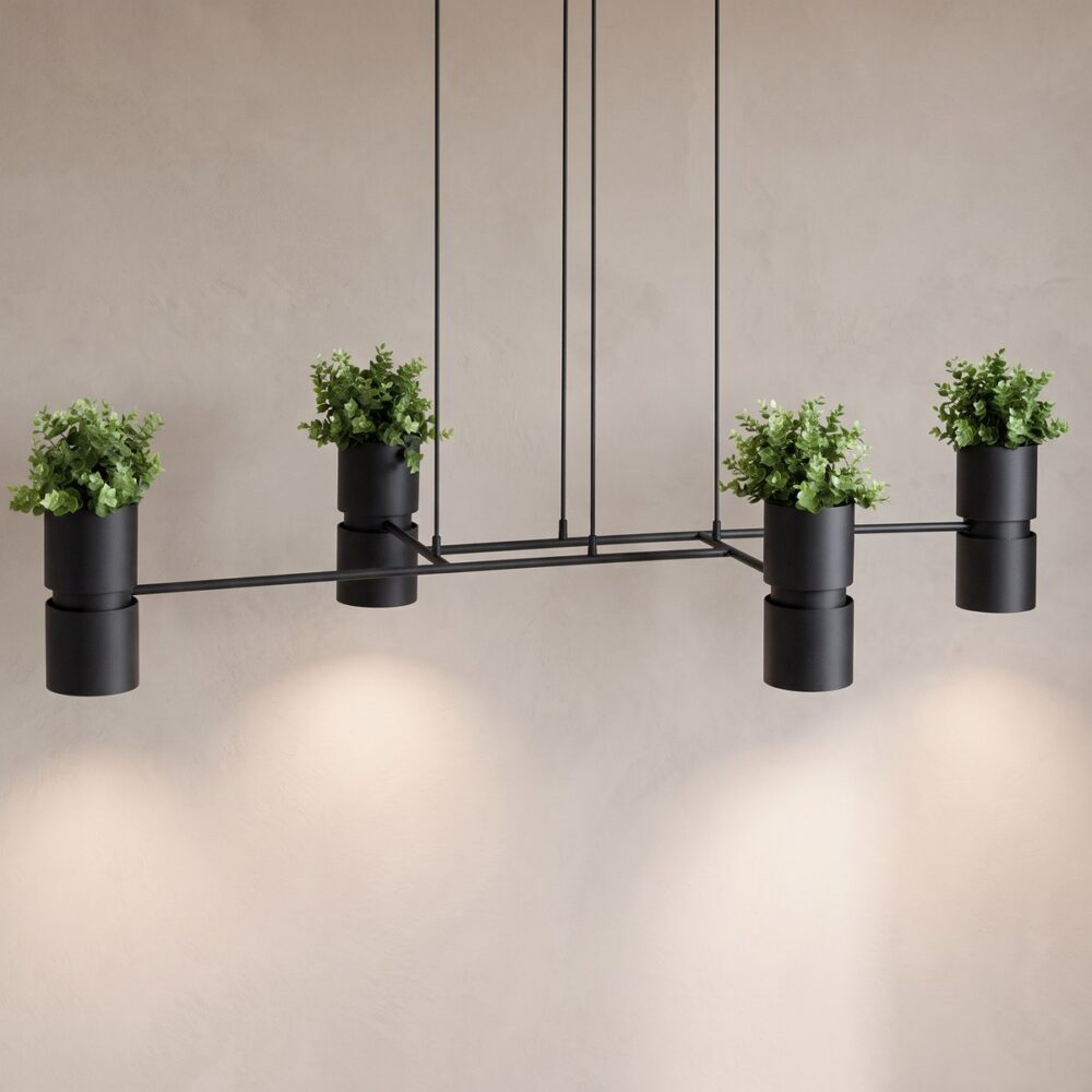Black frame pendant light with 4 planters and spotlights
