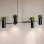 Black frame pendant light with 4 planters and spotlights