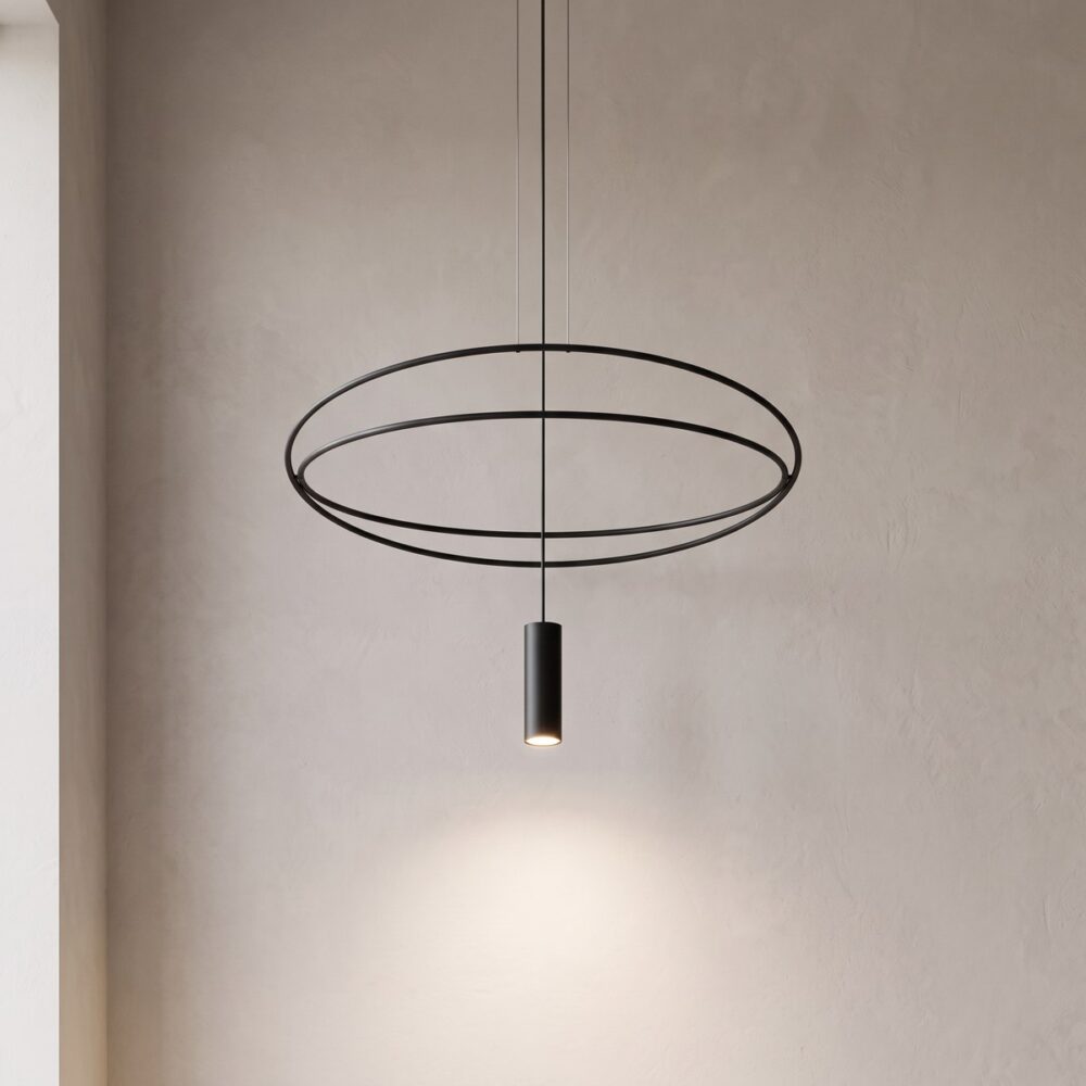 Black metal ring pendant light with a spotlight, 81 cm