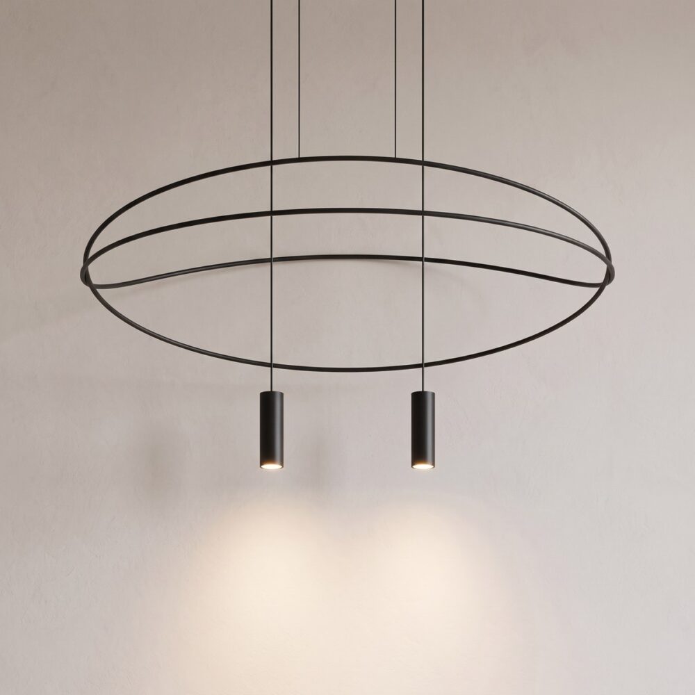 Black metal ring pendant light, 131 cm, with two spotlights