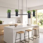Black frame pendant light with 4 planters and spotlights