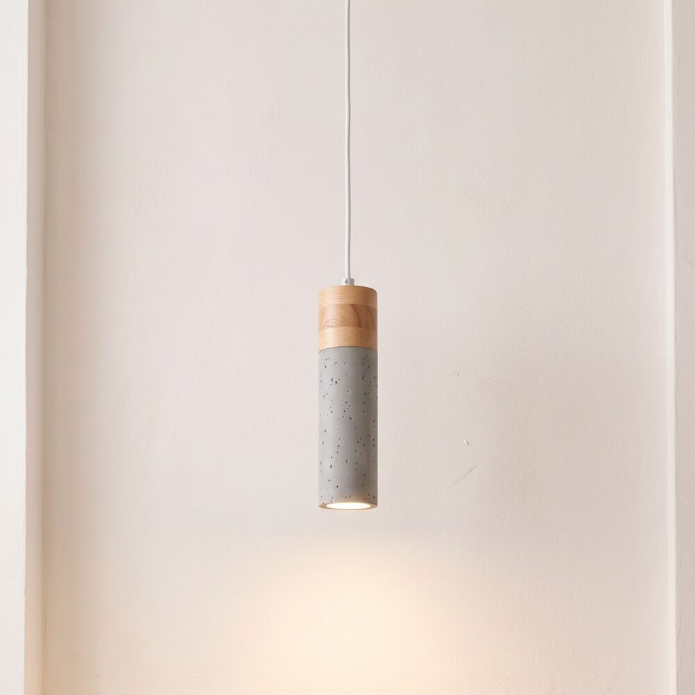 Modern grey concrete and natural wood tube pendant light