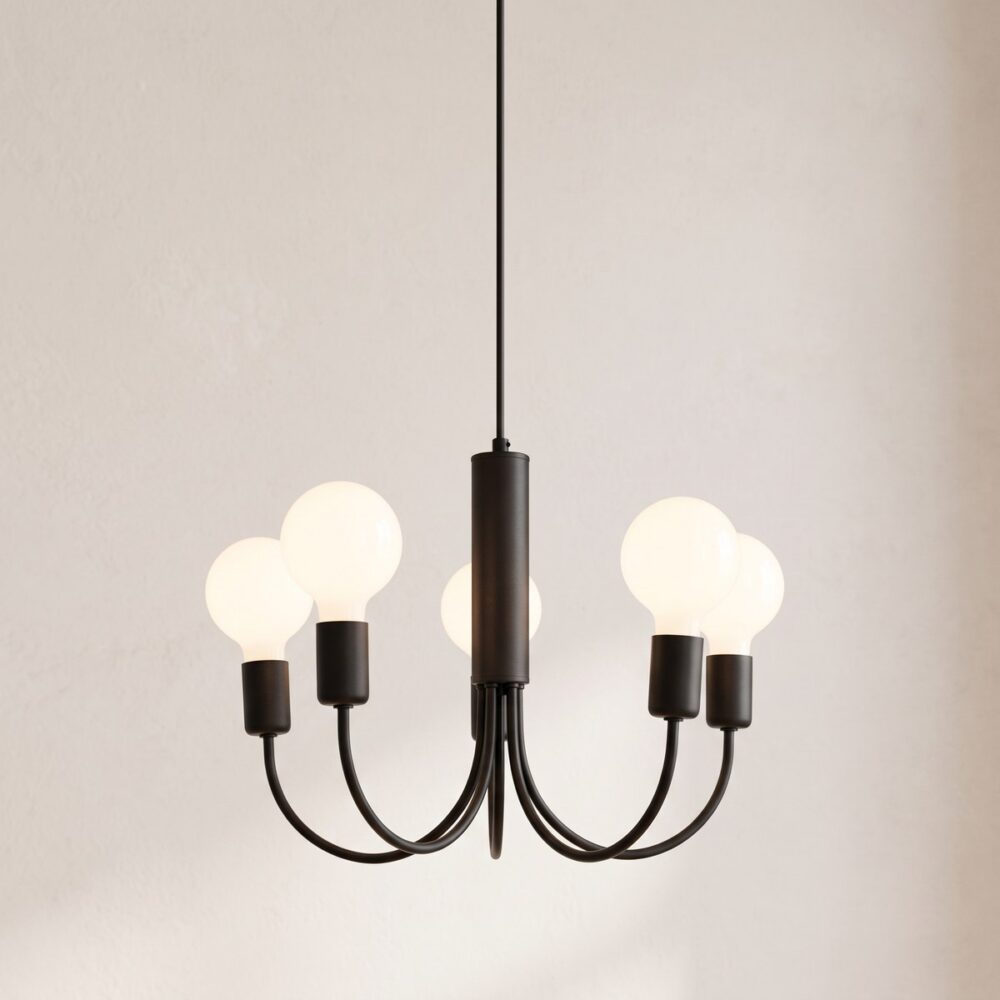 Modern black chandelier-style pendant light with 5 arms